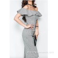 Off shoulder ruffle ramping gaun pesta klub ramping wanita